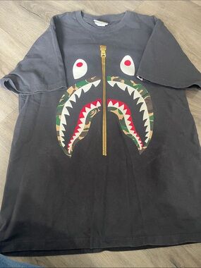 Bape Black Shark Face Tee with Camo Mouth and Gold Zipper Print new with no tags